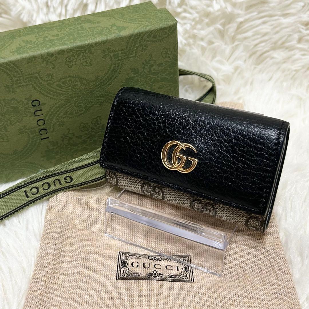 付属品有り グッチ キーケース 6連 レザー GGロゴ マーモント 総柄ブラック
