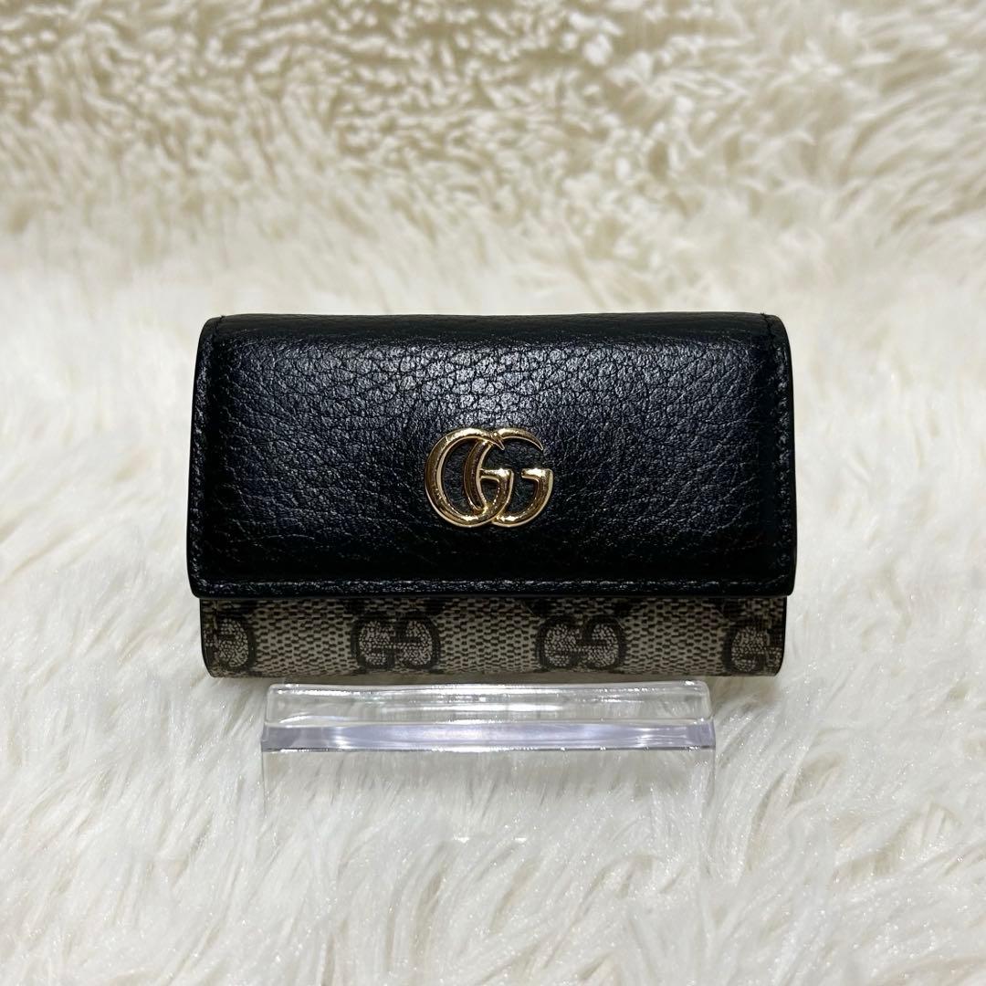 付属品有り グッチ キーケース 6連 レザー GGロゴ マーモント 総柄ブラック