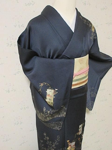 訪問着：美品：花短冊と枝垂れ桜と萩：紺色 袷着物：P43