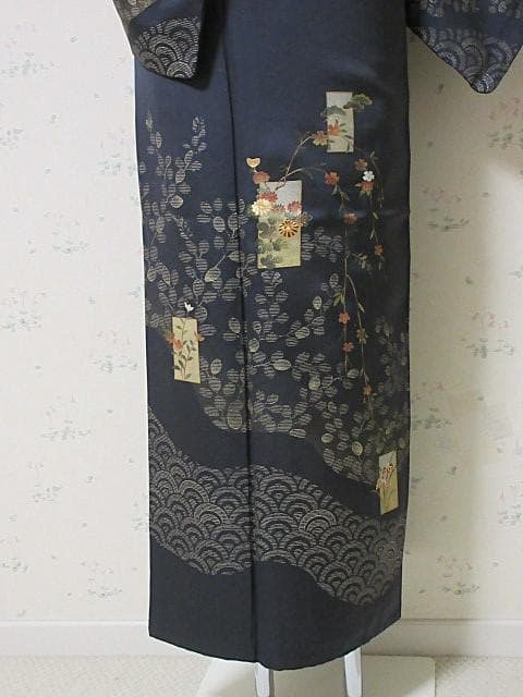 訪問着：美品：花短冊と枝垂れ桜と萩：紺色 袷着物：P43