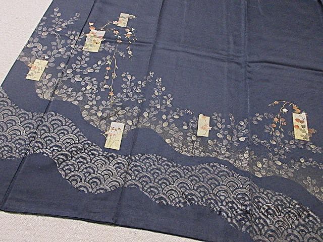 訪問着：美品：花短冊と枝垂れ桜と萩：紺色 袷着物：P43