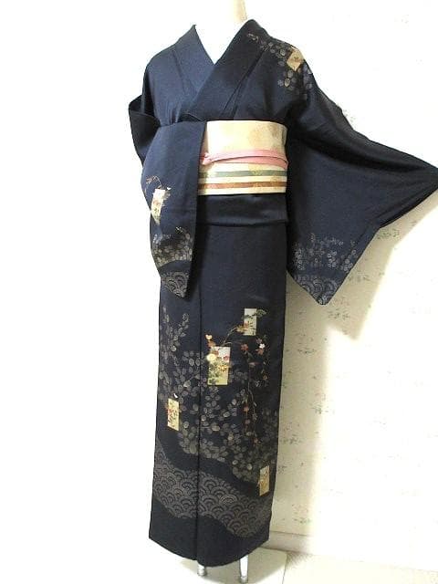 訪問着：美品：花短冊と枝垂れ桜と萩：紺色 袷着物：P43