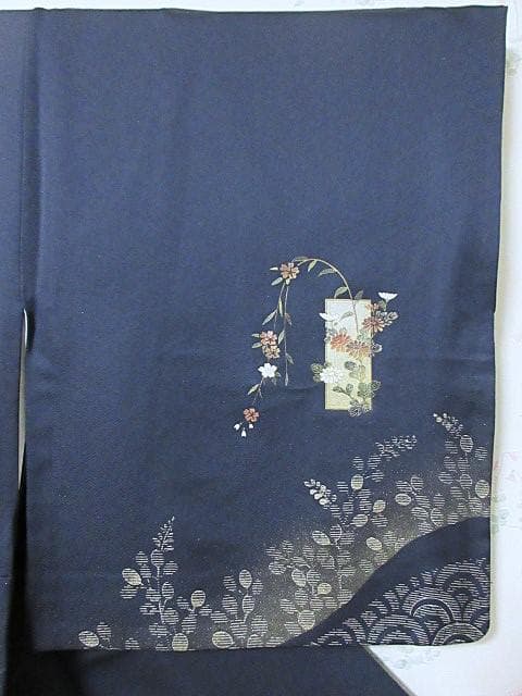訪問着：美品：花短冊と枝垂れ桜と萩：紺色 袷着物：P43