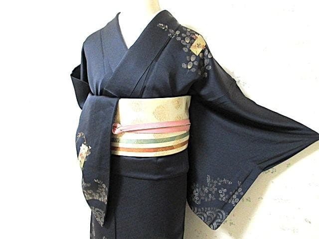 訪問着：美品：花短冊と枝垂れ桜と萩：紺色 袷着物：P43