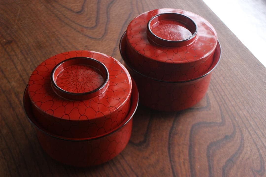 デッドストック！上質朱漆に風情ある網目文の映える筒形大椀2点（検京塗煮物椀