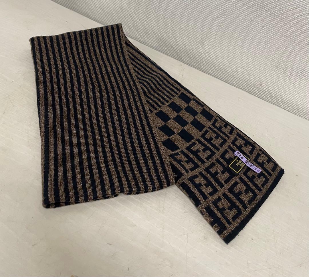 クリーニング済み FENDI フェンディ ストライプ チェック柄 マフラー