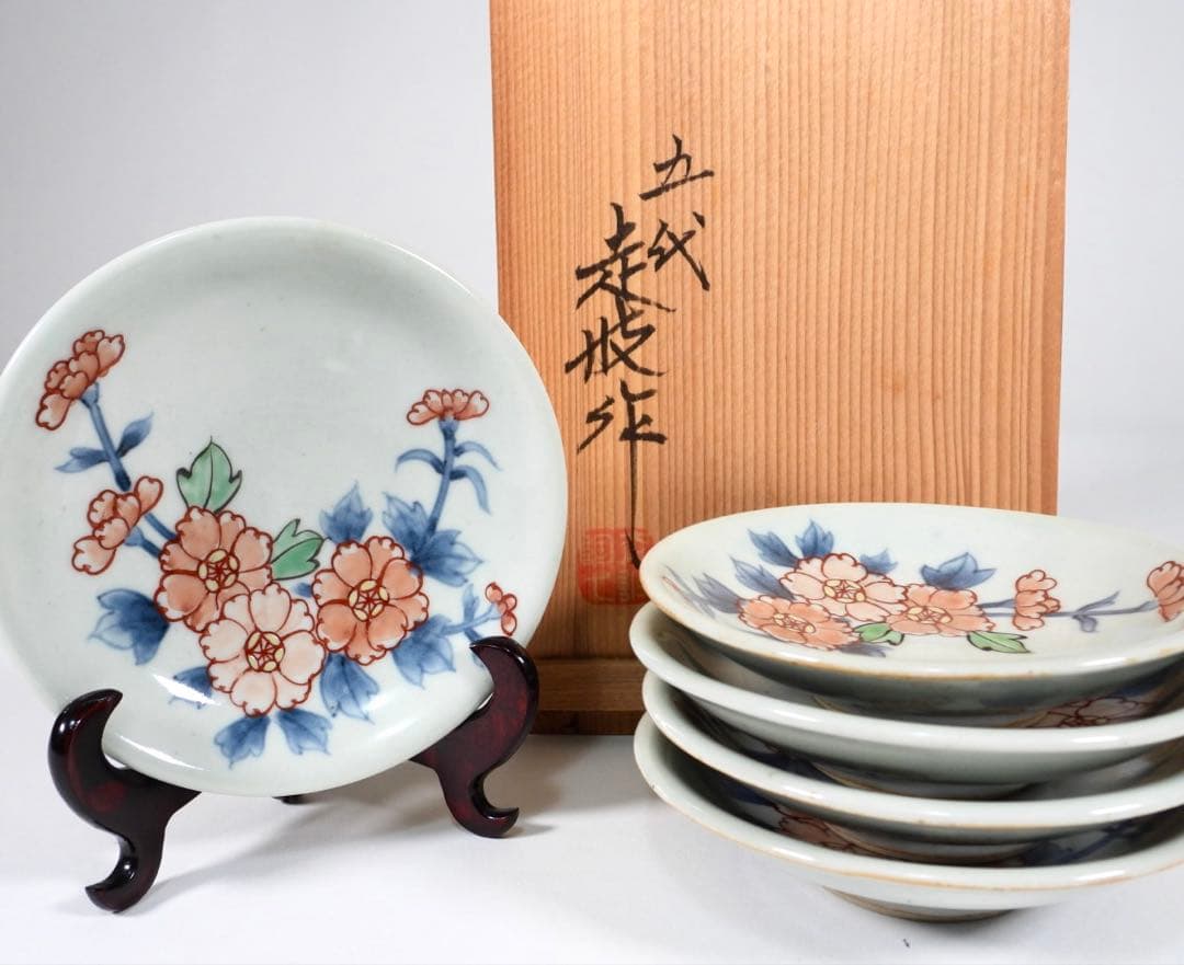 佐藤走波 五代 染錦　辻が花文　三、五寸皿　小皿5枚