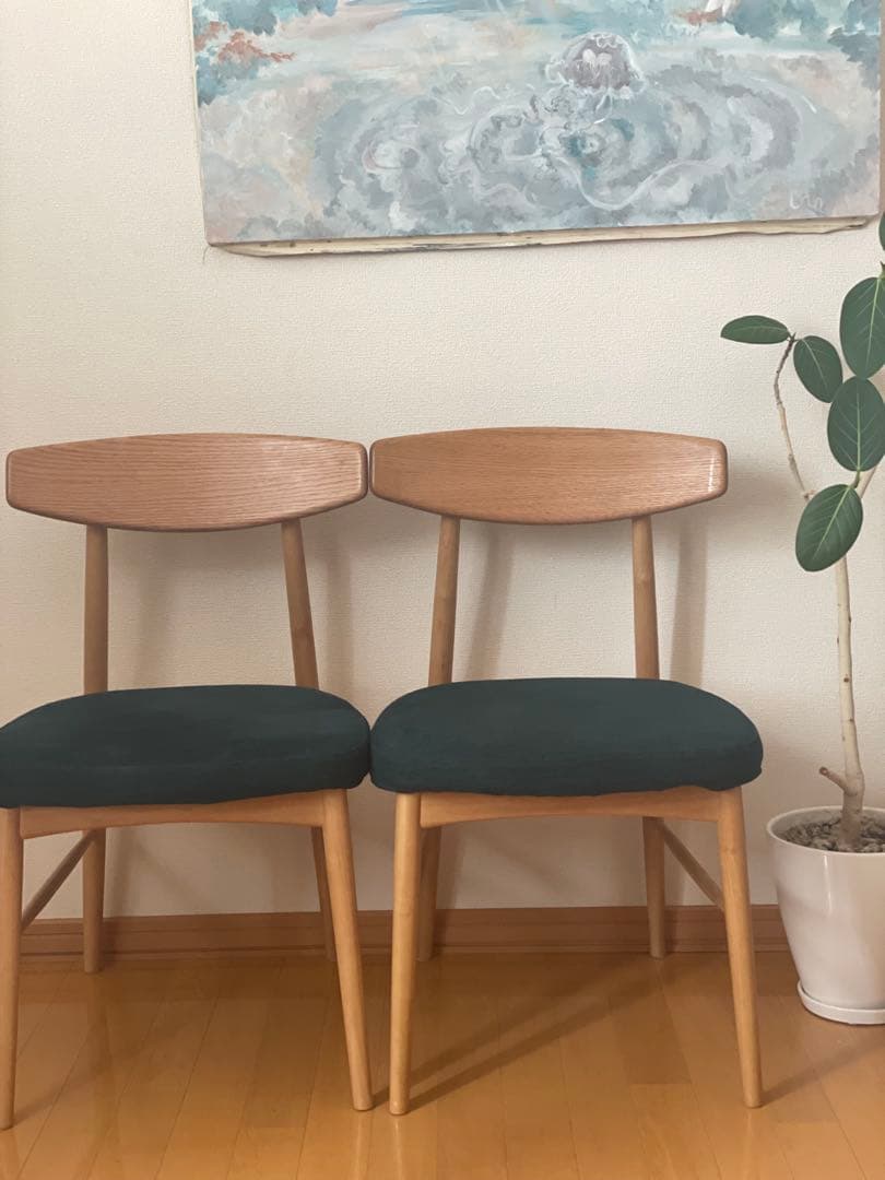 【きんたろう】 美品天然木ダイニングチェアアイボリー1脚グリーンカバー付