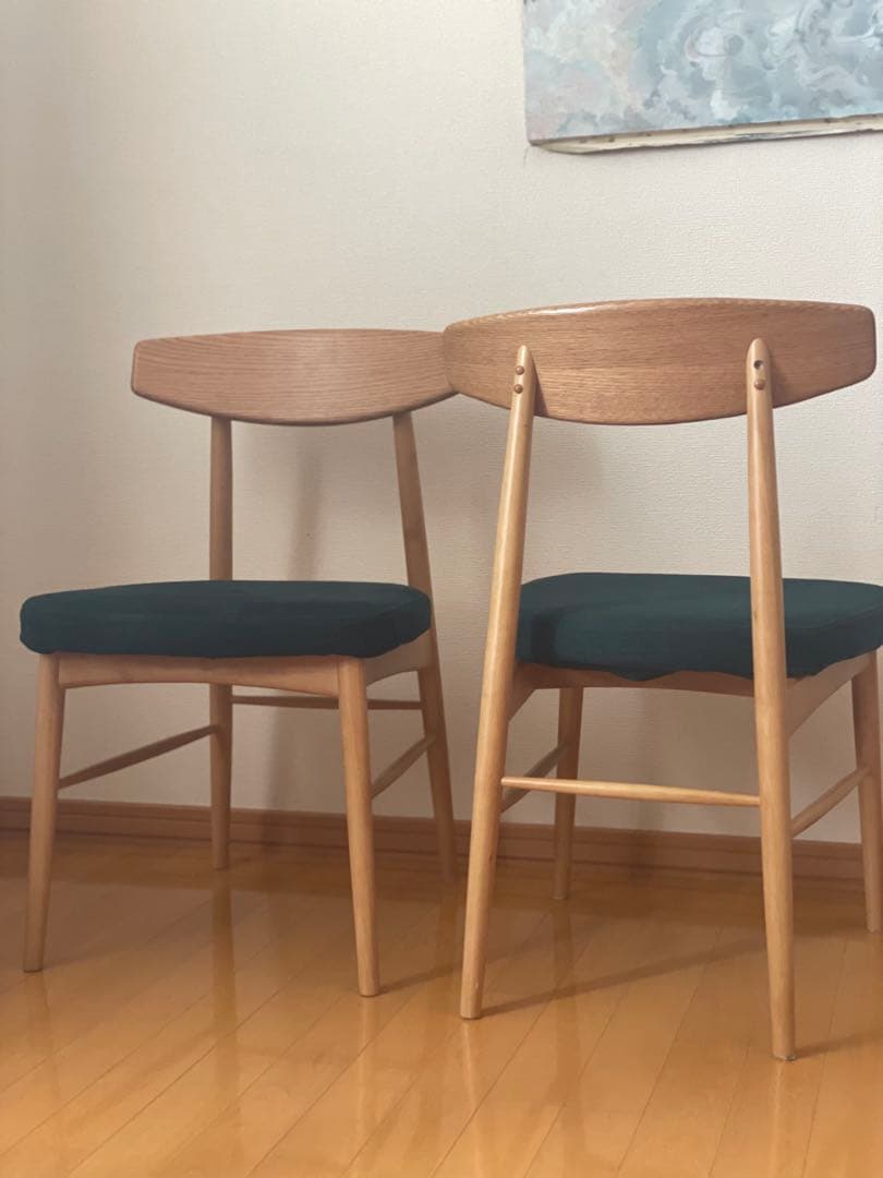 【きんたろう】 美品天然木ダイニングチェアアイボリー1脚グリーンカバー付