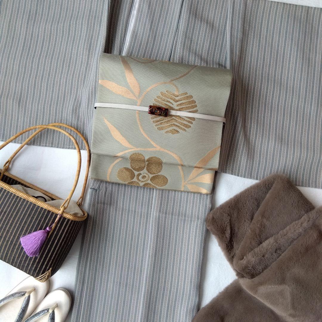 ◆未使用美品◆袋帯 灰緑 笹蔓 モダン 刺繍 正絹 訪問着 小紋 観劇 女子会