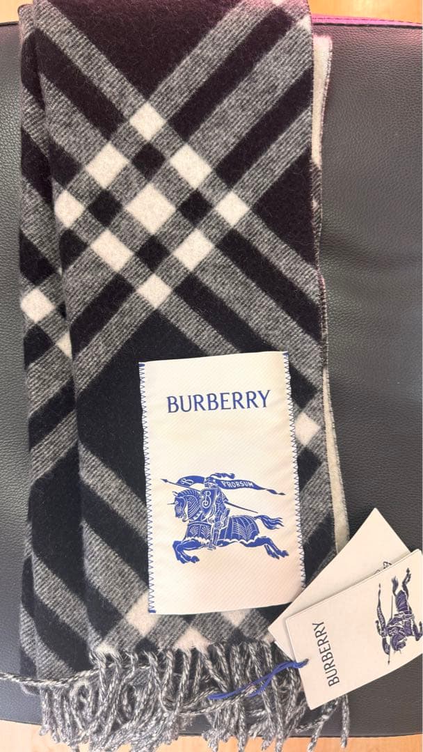 BURBERRY マフラー カシミア チェックブラックxホワイト タグ付き