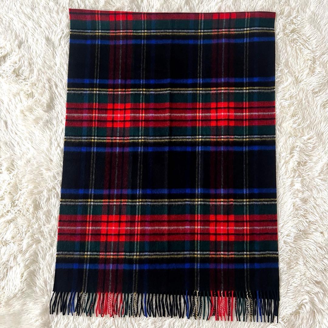 【美品】ジョンストンズ カシミヤ 大判ストール ブラックスチュアート チェック