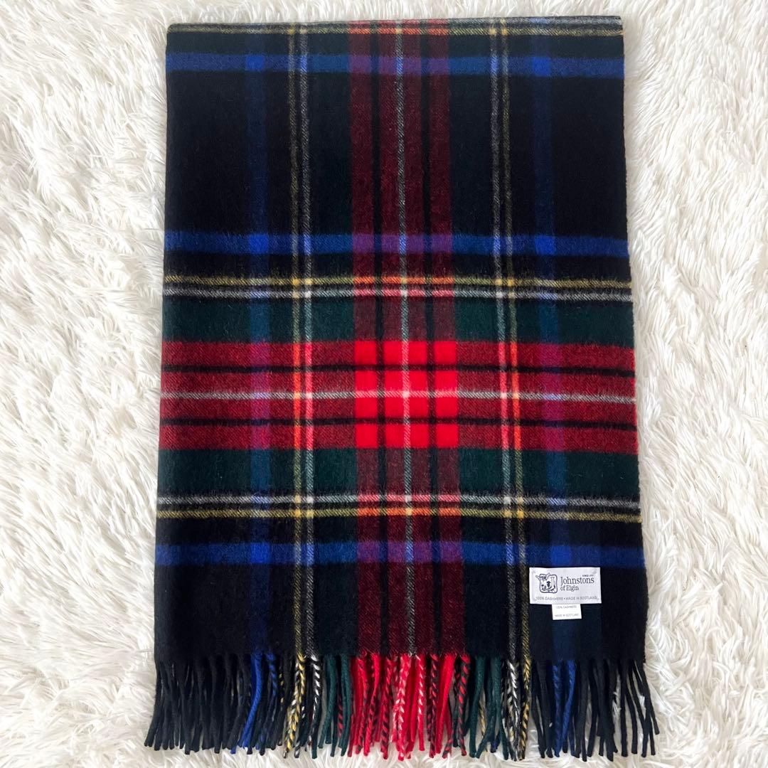 【美品】ジョンストンズ カシミヤ 大判ストール ブラックスチュアート チェック