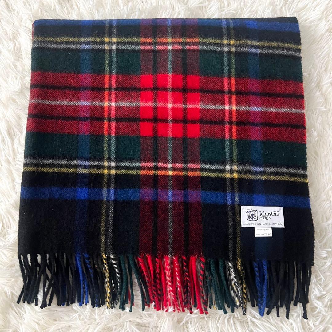 【美品】ジョンストンズ カシミヤ 大判ストール ブラックスチュアート チェック