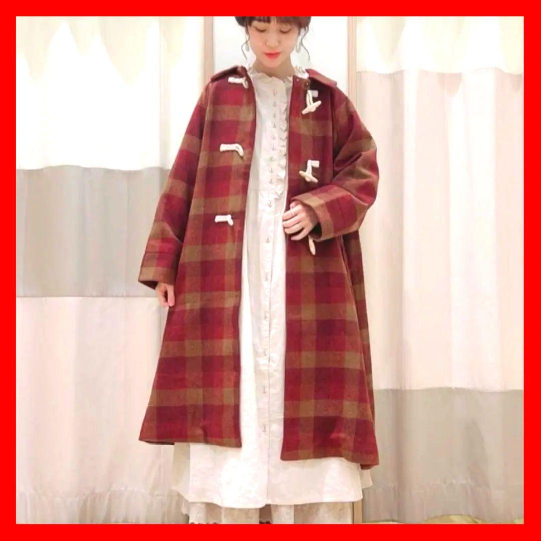 タスマニアウール2way襟ロングコート　ダッフルコート　ロングコートチェック