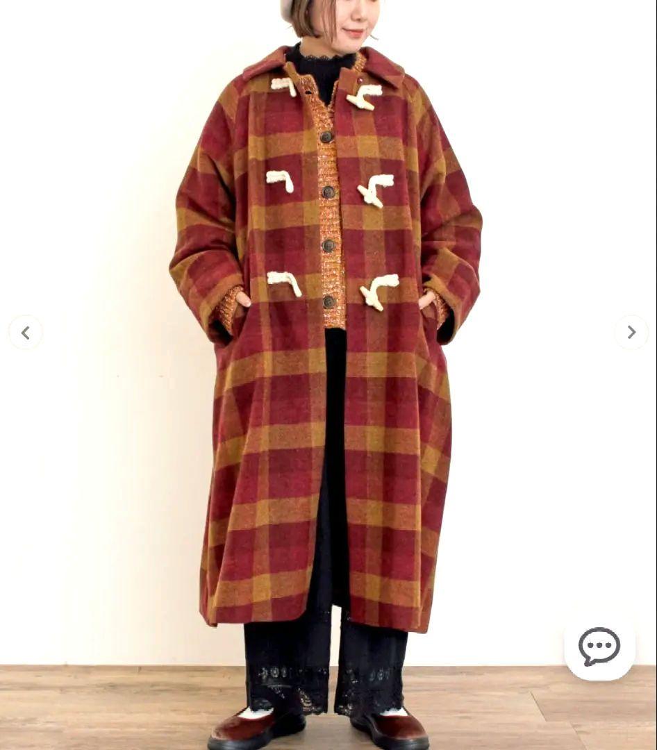 タスマニアウール2way襟ロングコート　ダッフルコート　ロングコートチェック
