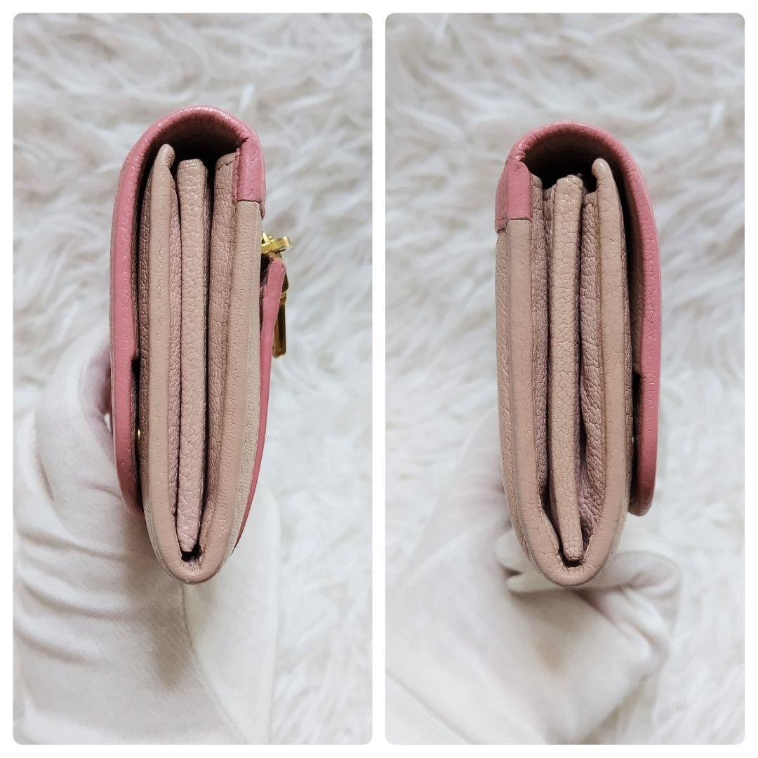 美品✨ミュウミュウ◇バイカラーフラップ長財布　りぼんマドラスレザーピンクベージュ
