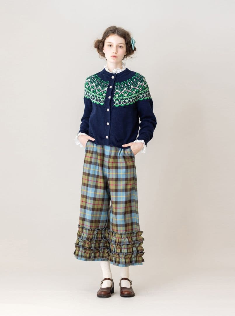 み*ん様 ジェーンマープル　タータンチェックフリルトリムパンツ　フレスコブルー