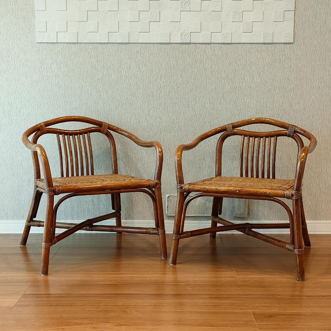 ビンテージラタン　ダイニングチェア　2脚セット　アームチェア