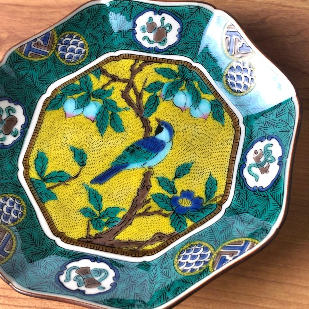 九谷焼　新品　5号皿揃　吉田屋風桃に鳥　小皿　5枚