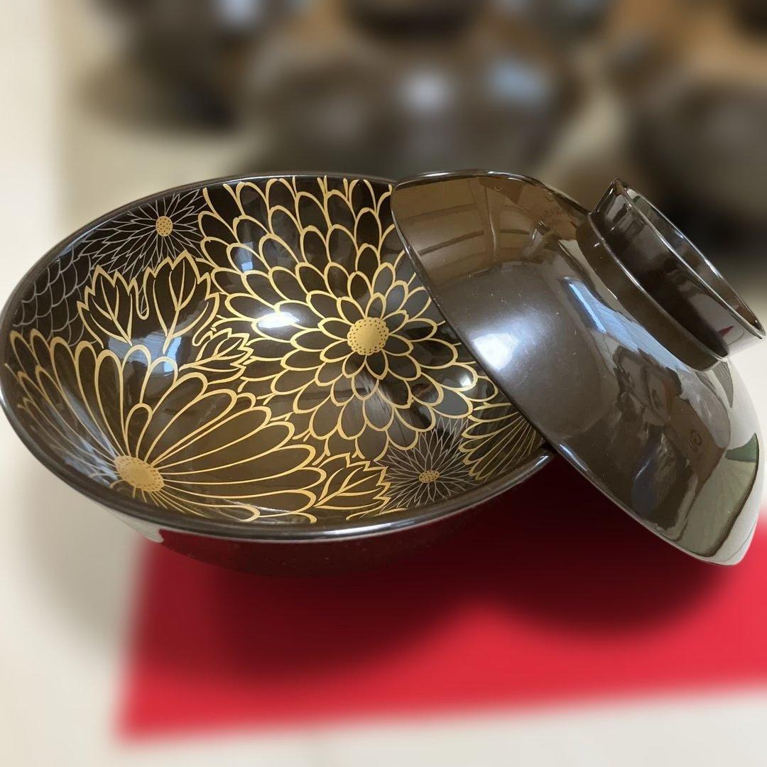 輪島塗椀　千鳥形菊蒔絵椀　煮物椀10客セット焦茶