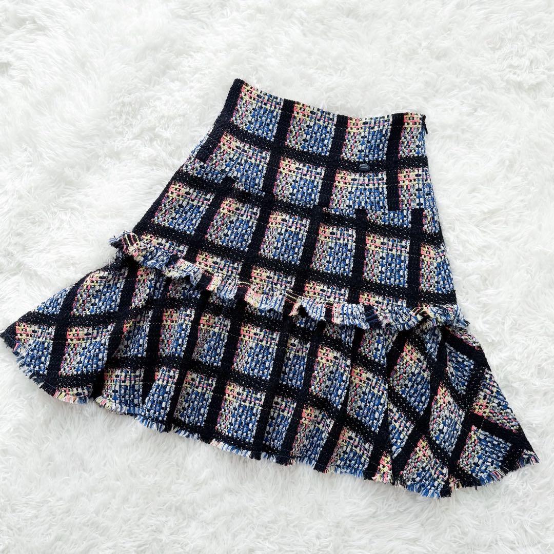 美品 CHANEL 09P ミックスツイードフレアスカート ロゴプレート 42