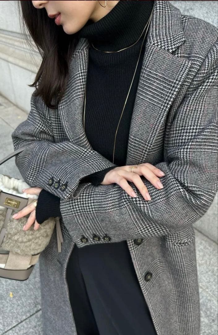 anuans グレンチェックチェスターコート　フリーサイズ