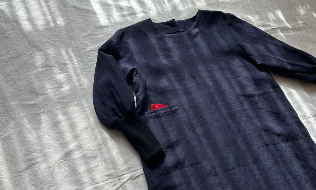 【一点・MOCAのおかーたんページ】茄子紺＊リブ袖口かっぽう着ワンピ