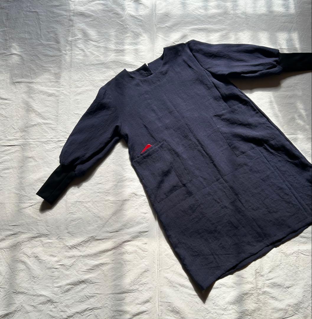 【一点・MOCAのおかーたんページ】茄子紺＊リブ袖口かっぽう着ワンピ