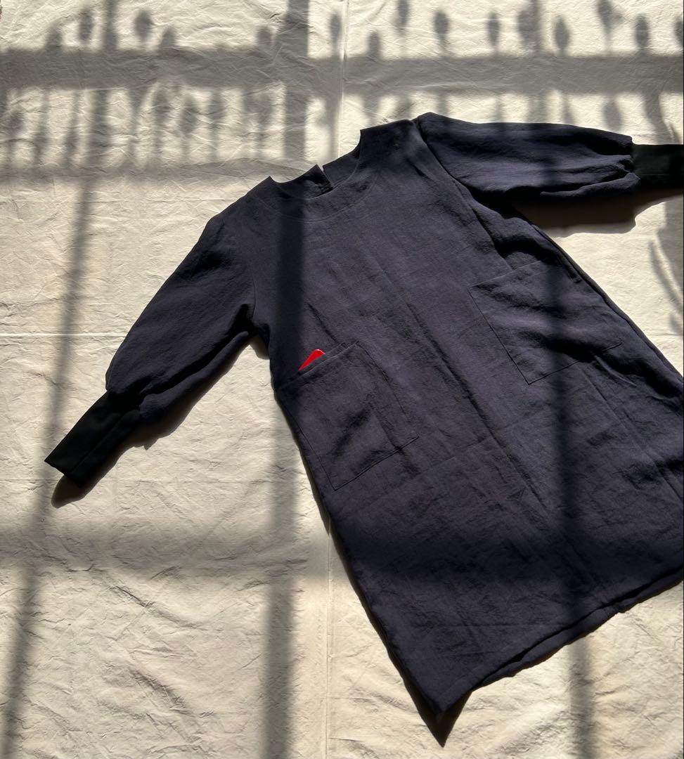 【一点・MOCAのおかーたんページ】茄子紺＊リブ袖口かっぽう着ワンピ