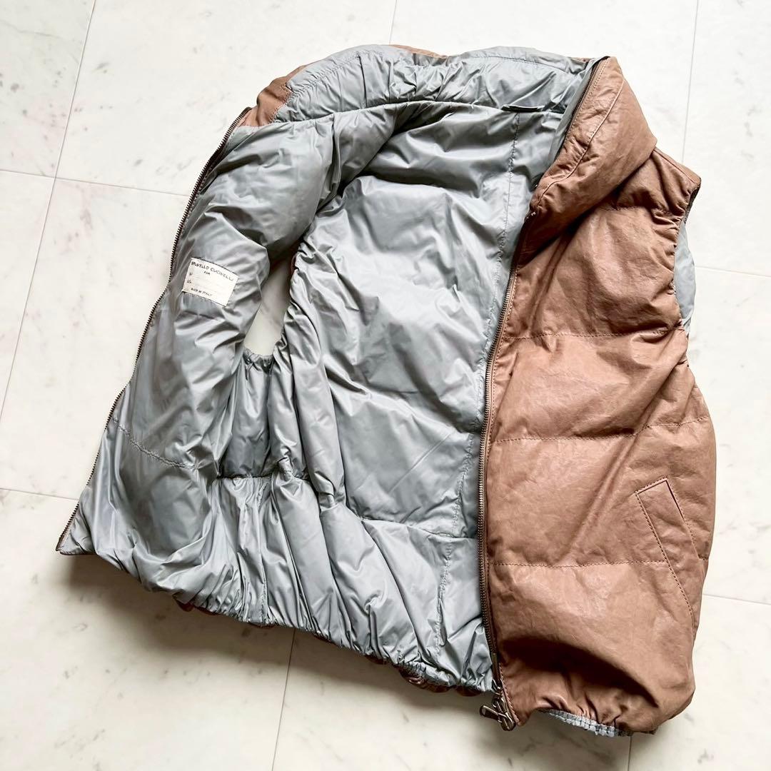 極美品 BRUNELLO CUCINELLI ラムレザー ダウンベスト フード付