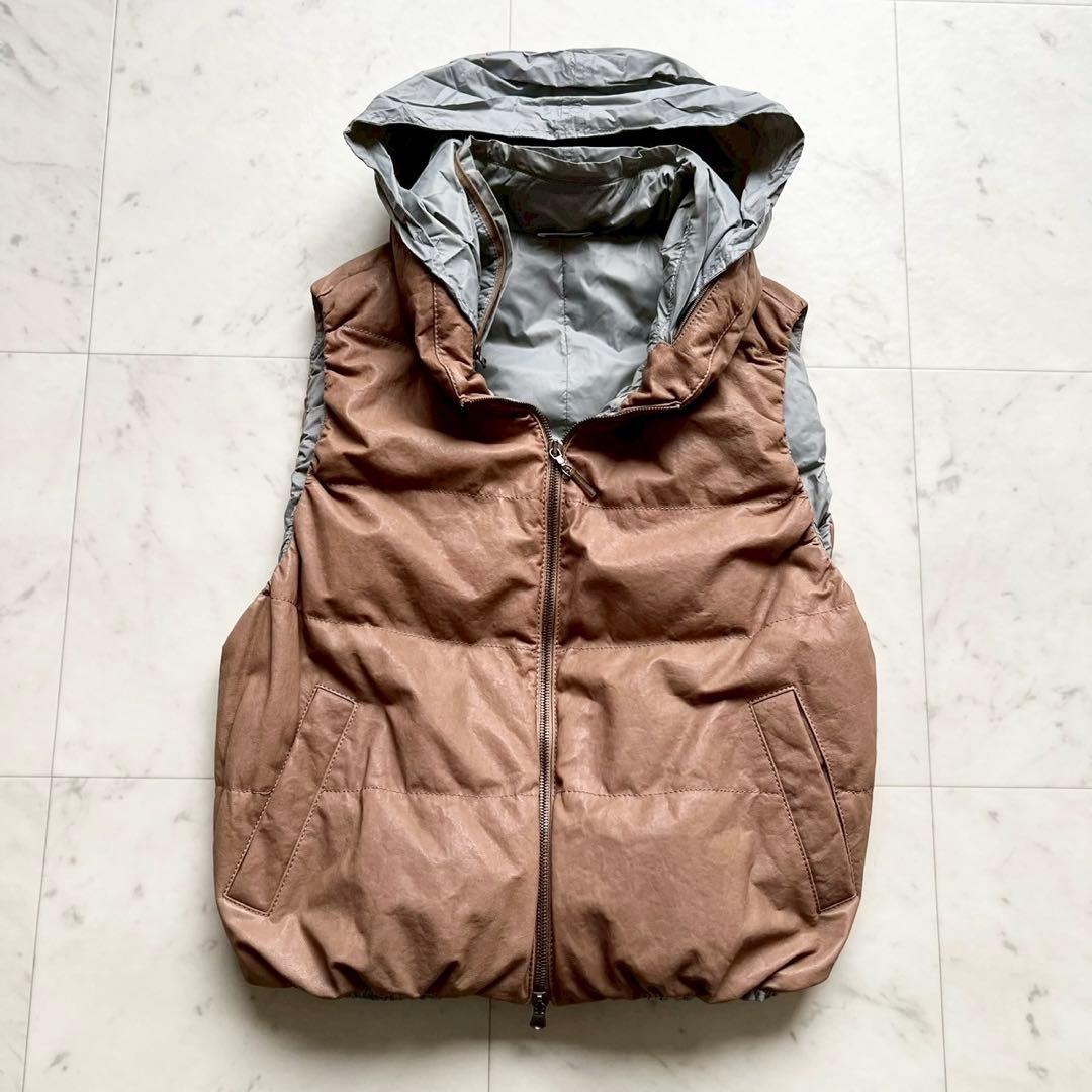 極美品 BRUNELLO CUCINELLI ラムレザー ダウンベスト フード付
