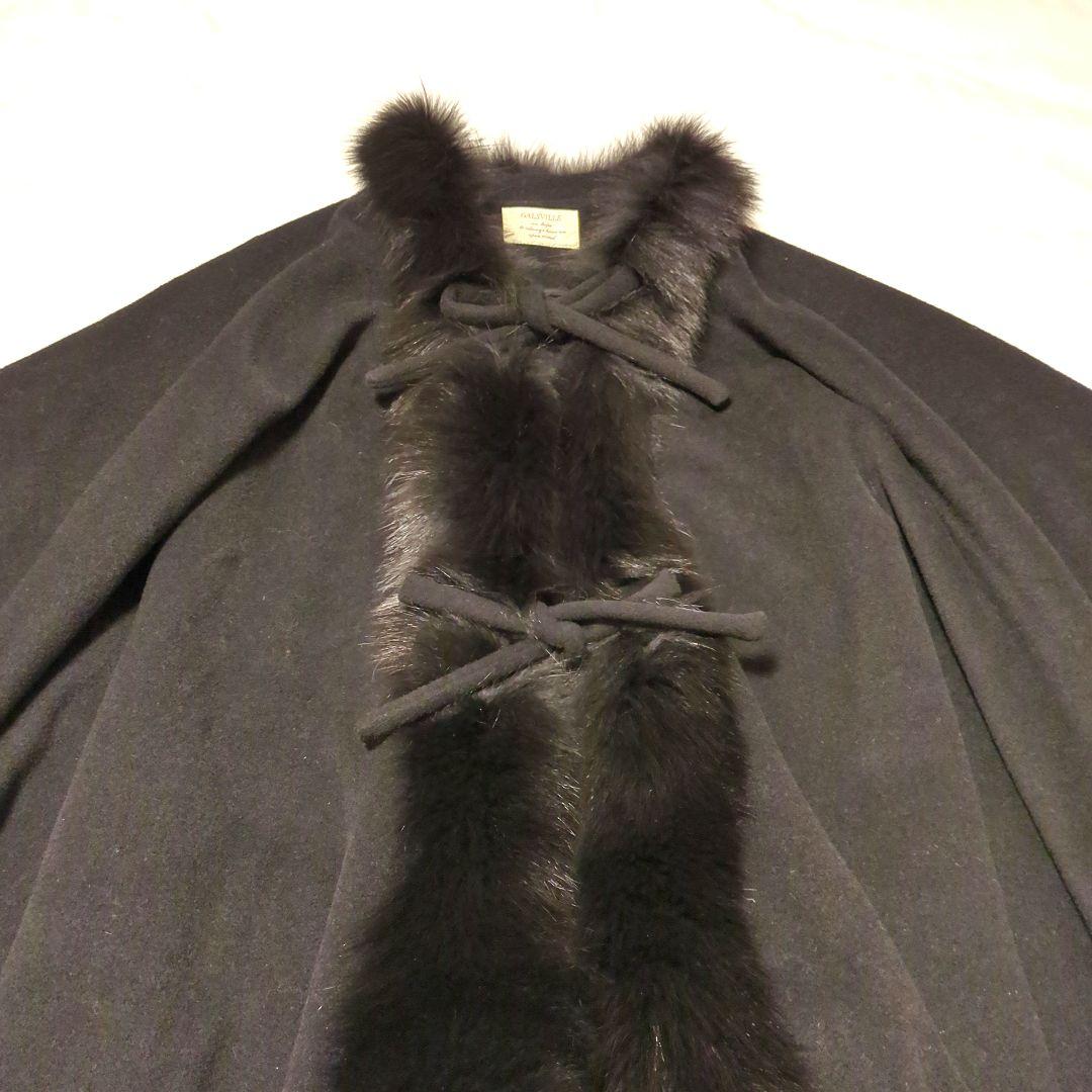 カシミヤ　フォックスファー ケープ　ポンチョ　マント　リボン　ロング　ラムウール