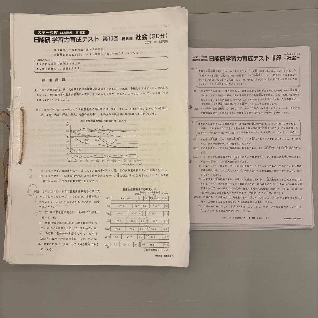 日能研 学習力育成テスト 社会と理科　6年前期　2024年度