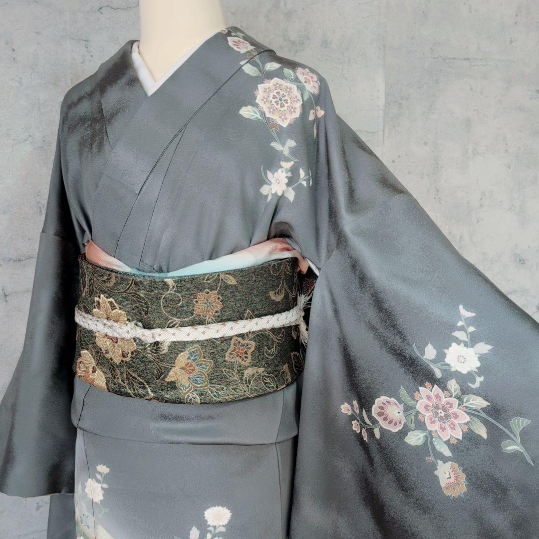 訪問着　フルセット　着物　正絹　トールサイズ　金彩加工　花　グレー地　O7