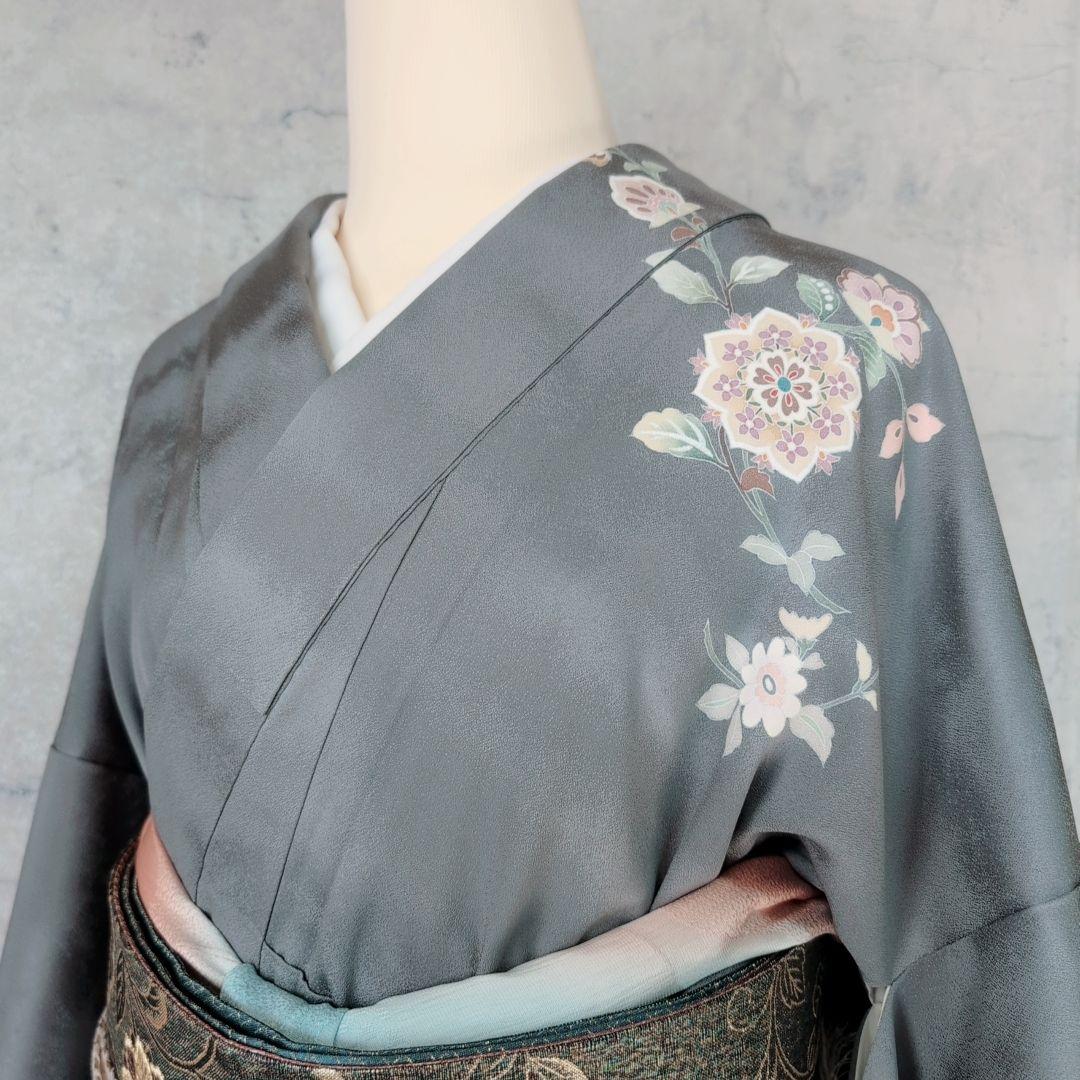 訪問着　フルセット　着物　正絹　トールサイズ　金彩加工　花　グレー地　O7