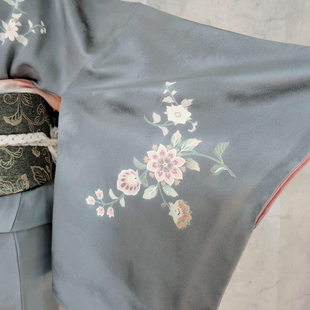 訪問着　フルセット　着物　正絹　トールサイズ　金彩加工　花　グレー地　O7