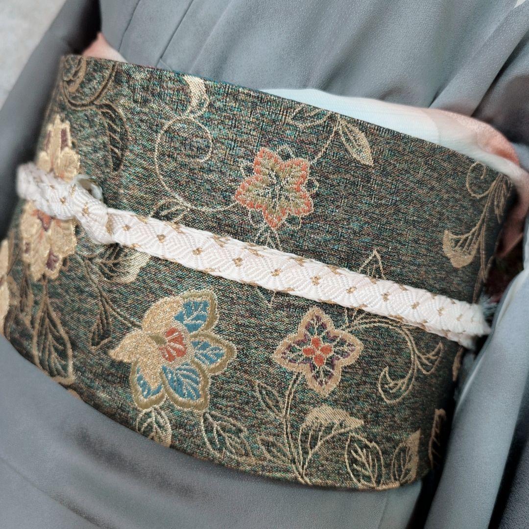 訪問着　フルセット　着物　正絹　トールサイズ　金彩加工　花　グレー地　O7