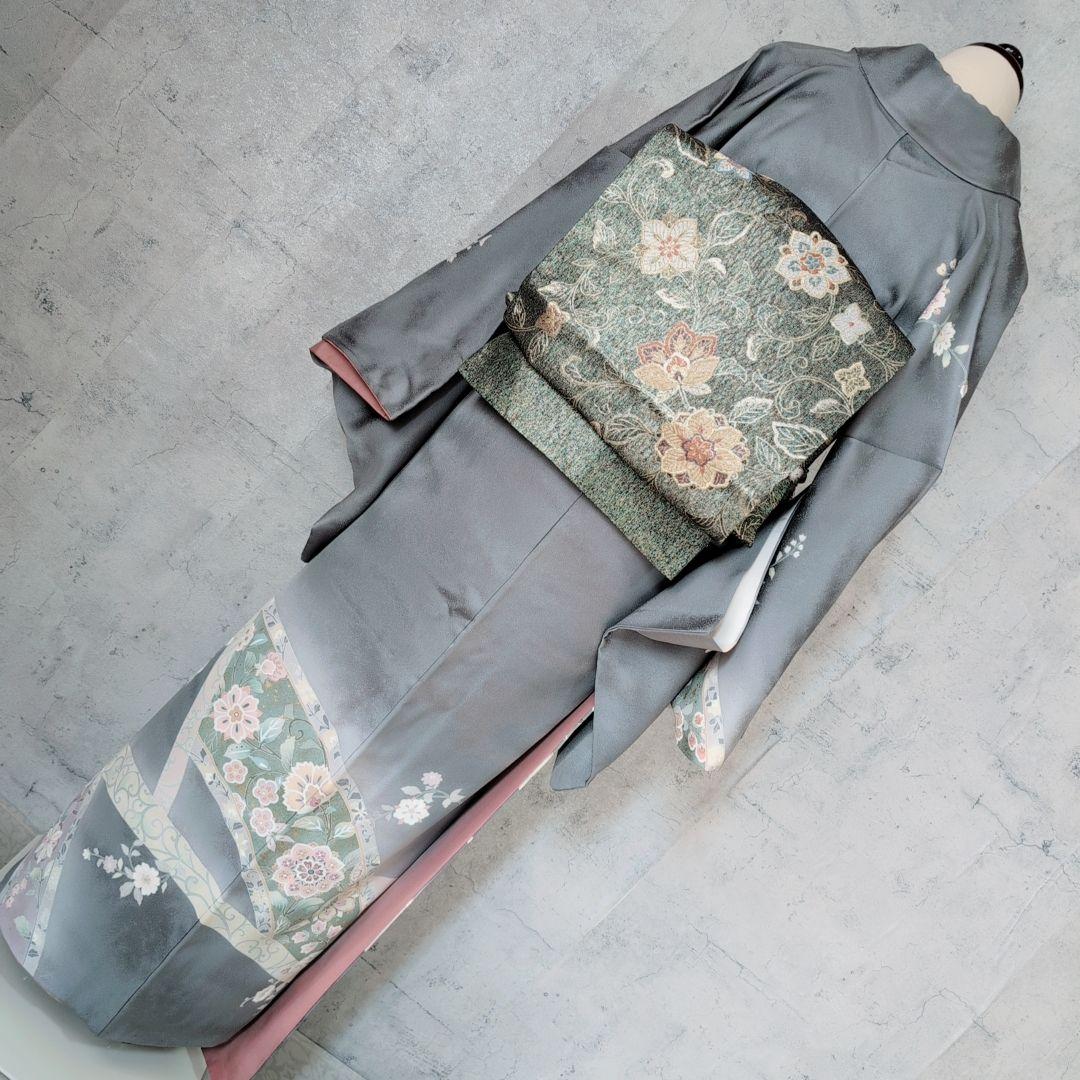 訪問着　フルセット　着物　正絹　トールサイズ　金彩加工　花　グレー地　O7