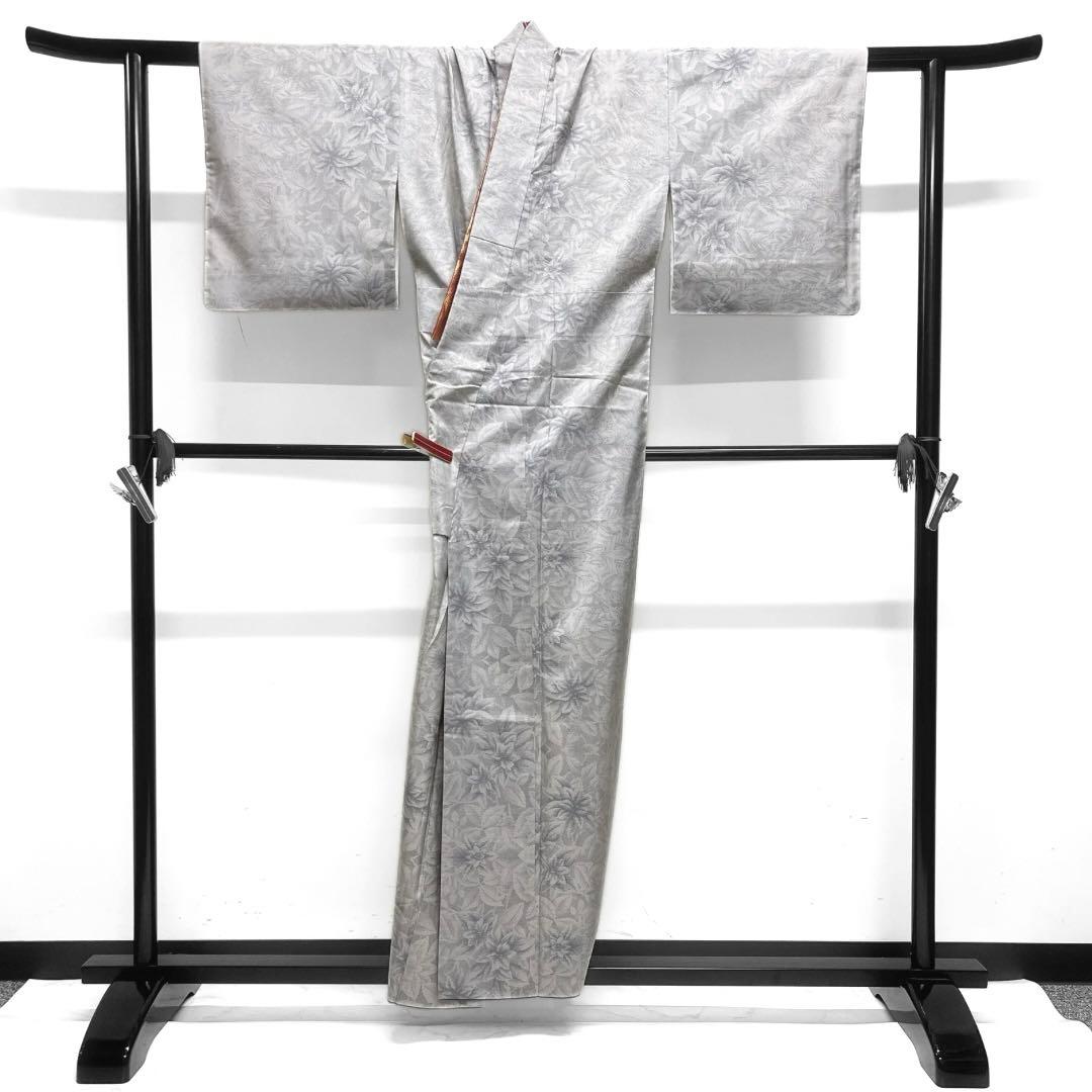 桑原織物　小紋　証紙付き　白大島紬　花模様　リーフ　白地　着物　091w d