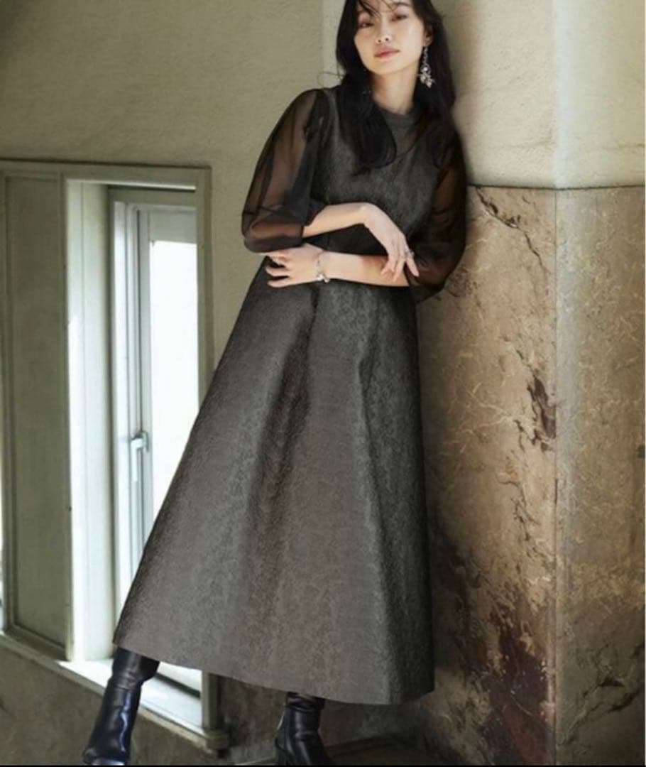 【オケージョン対応】シアーランタンスリーブふくれジャカードドレス パーティドレス