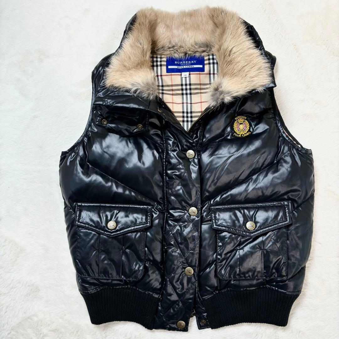 BURBERRY ラビットファー　ワッペン　ダウンベスト　黒