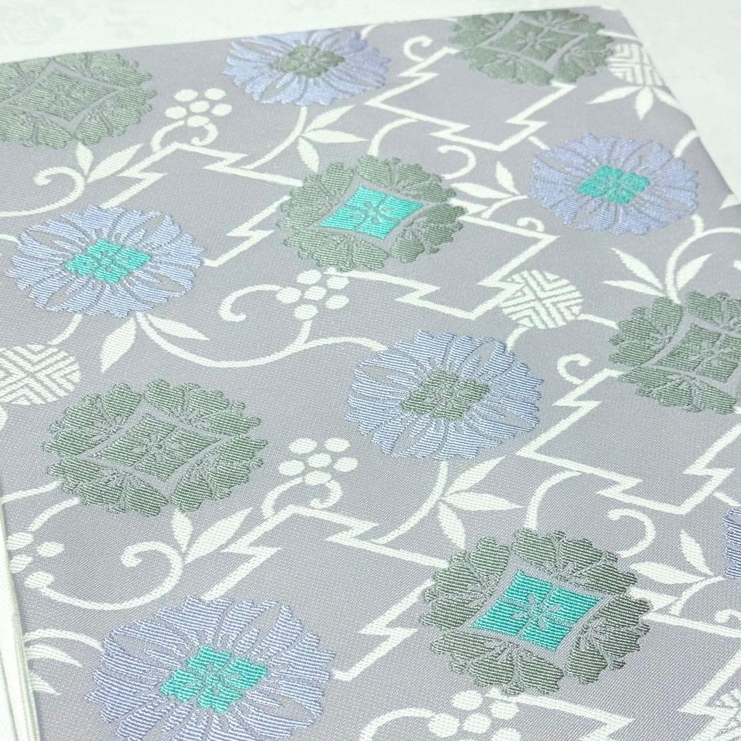 【名古屋帯】　青藤色　松皮菱　花菱　刺繍　笹蔓　正絹 爽やか　シック　お上品　K