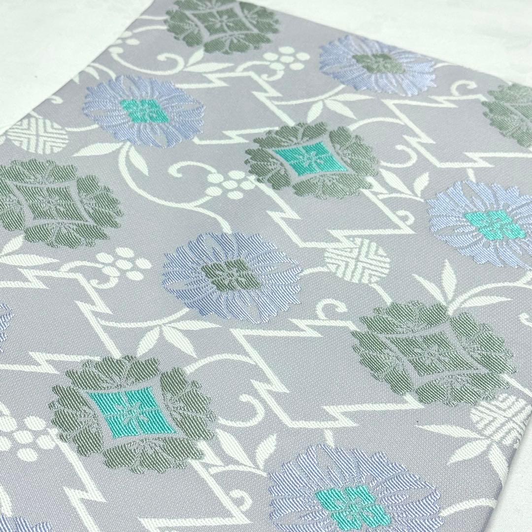 【名古屋帯】　青藤色　松皮菱　花菱　刺繍　笹蔓　正絹 爽やか　シック　お上品　K