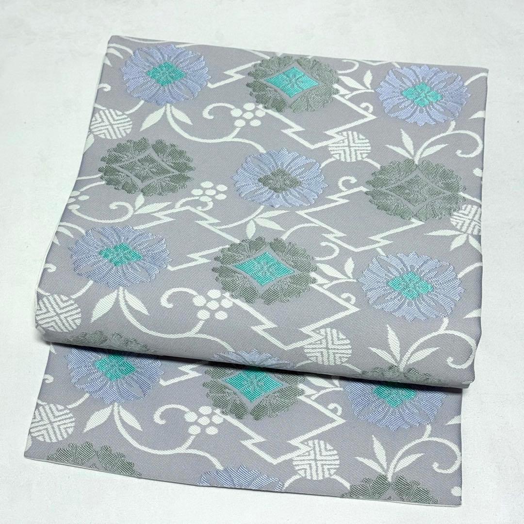 【名古屋帯】　青藤色　松皮菱　花菱　刺繍　笹蔓　正絹 爽やか　シック　お上品　K