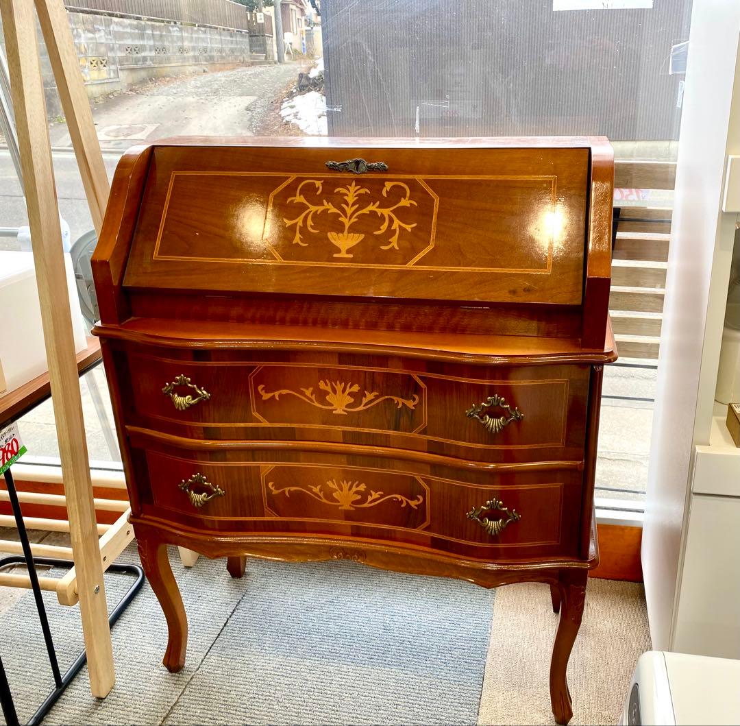 イタリア製 象嵌 机 チェスト ライティングビューロ 猫脚 鍵付 デスク