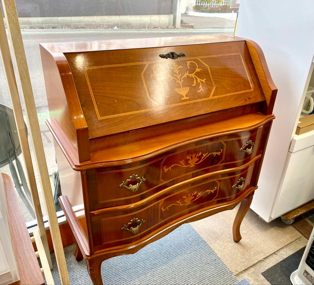 イタリア製 象嵌 机 チェスト ライティングビューロ 猫脚 鍵付 デスク
