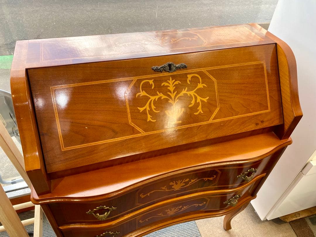 イタリア製 象嵌 机 チェスト ライティングビューロ 猫脚 鍵付 デスク