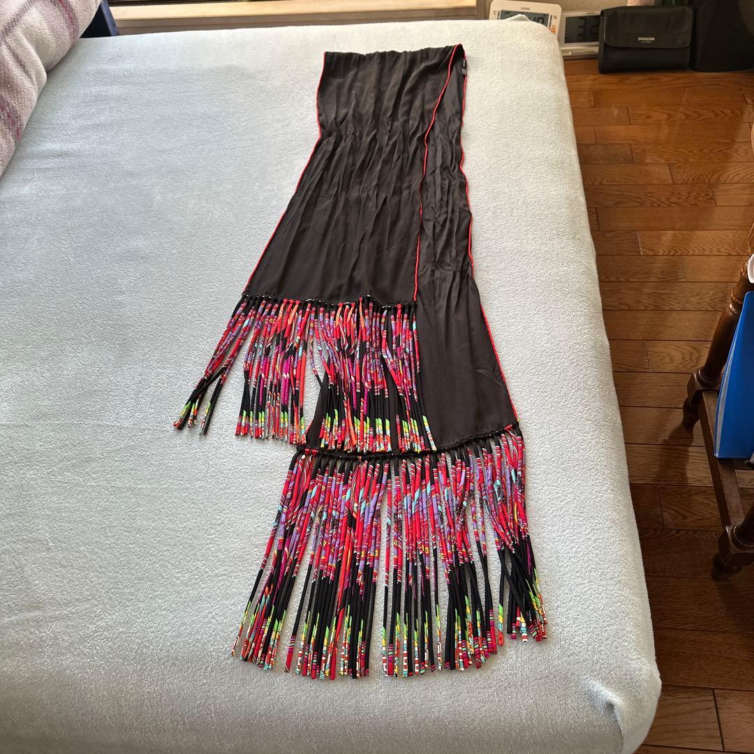 HERMES フリンジ付きストール ブラック/マルチカラー