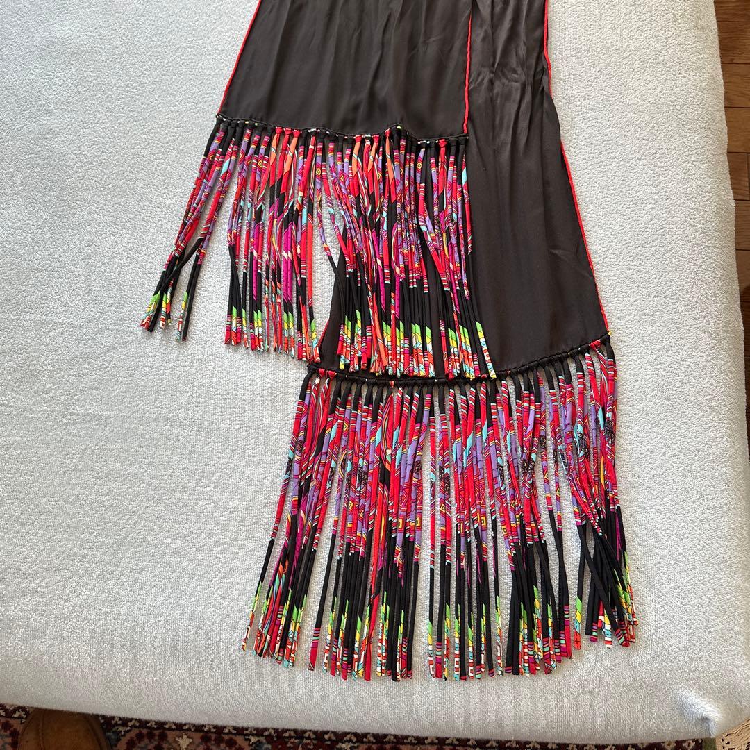 HERMES フリンジ付きストール ブラック/マルチカラー